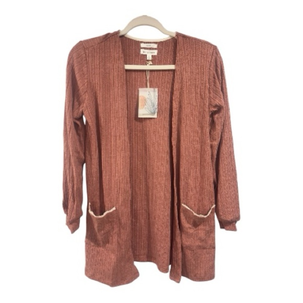 Blu Pepper Cozy Life Mauve Ribbed Open Front Cardigan Pockets CR1301-J Small